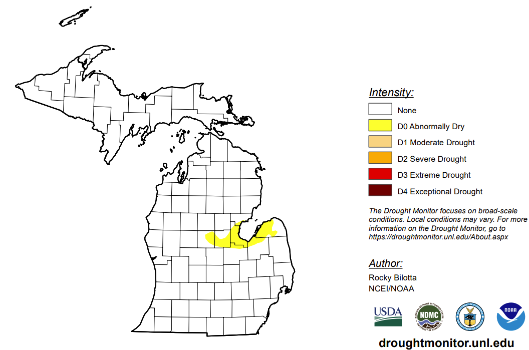 Map of Michigan showing regions in a drought.